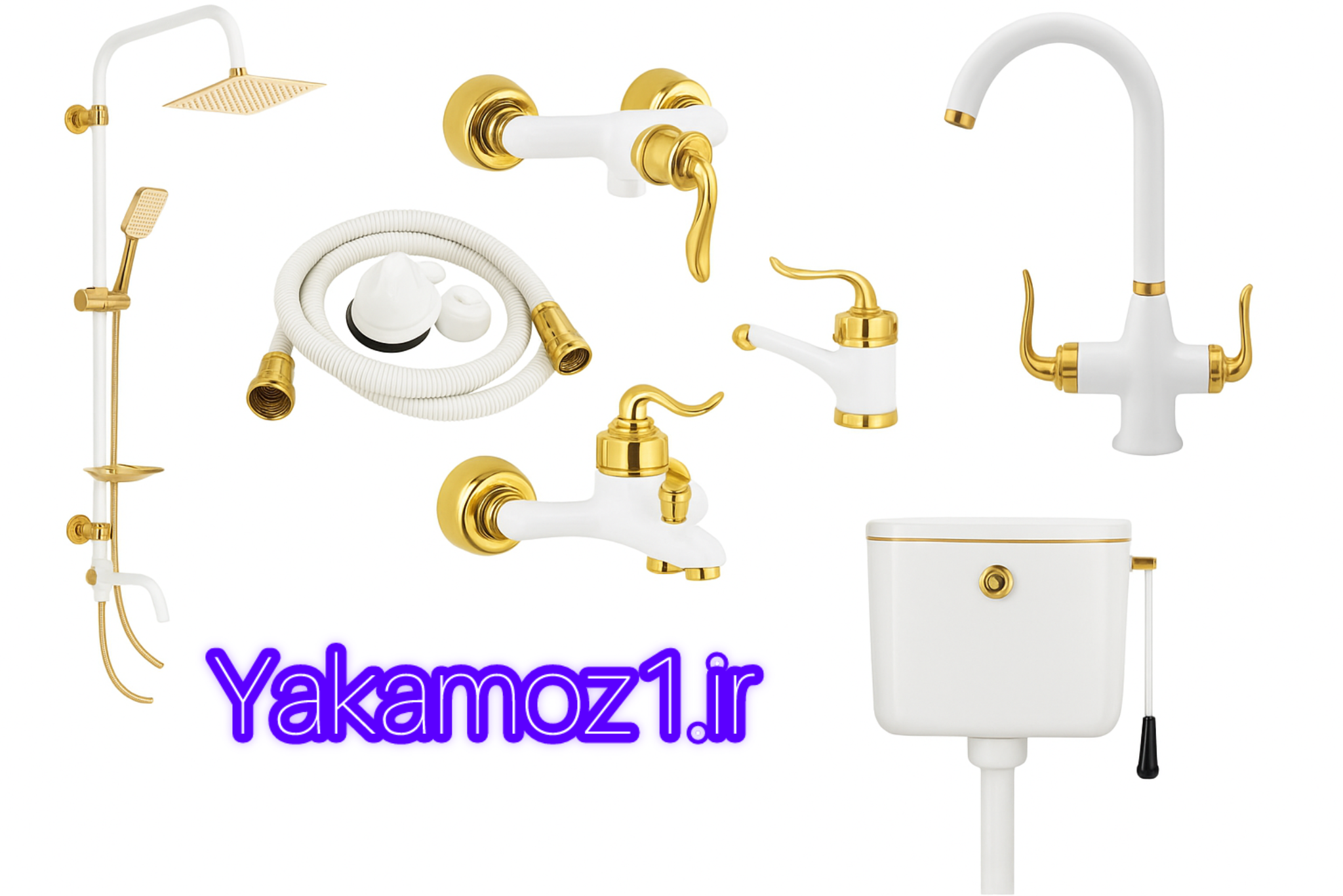 ست 7 تکه شیرآلات سفیدطلایی قاجاری بامبو با شیرظرفشویی دو منظوره تصفیه دار و فلاش تانک و علم دوش دوکاره استیل با ارسال رایگان و فوری